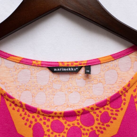 Marimekko Shift Mini Dress XS Pink Yellow Abstract Mod Print Cotton Pockets - Picture 5 of 8